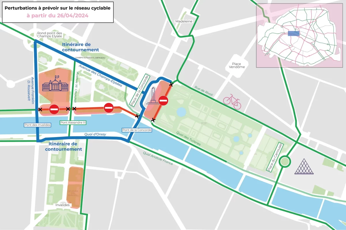 Les déviations vélo sur le secteur Concorde - Cours la Reine à compter du 26 avril 2024